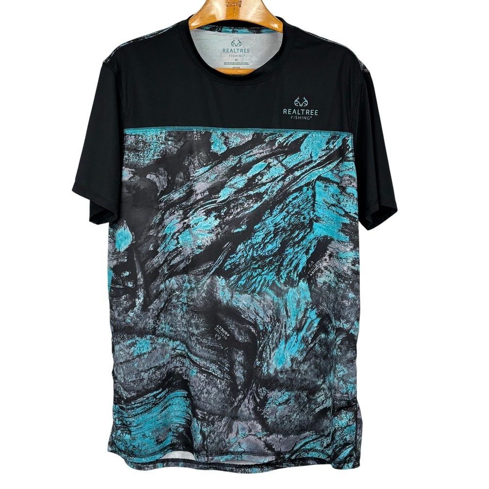Realtree Fishing Aspect Camo Performance Shirt XL Black Teal Short Sleeve Tee
